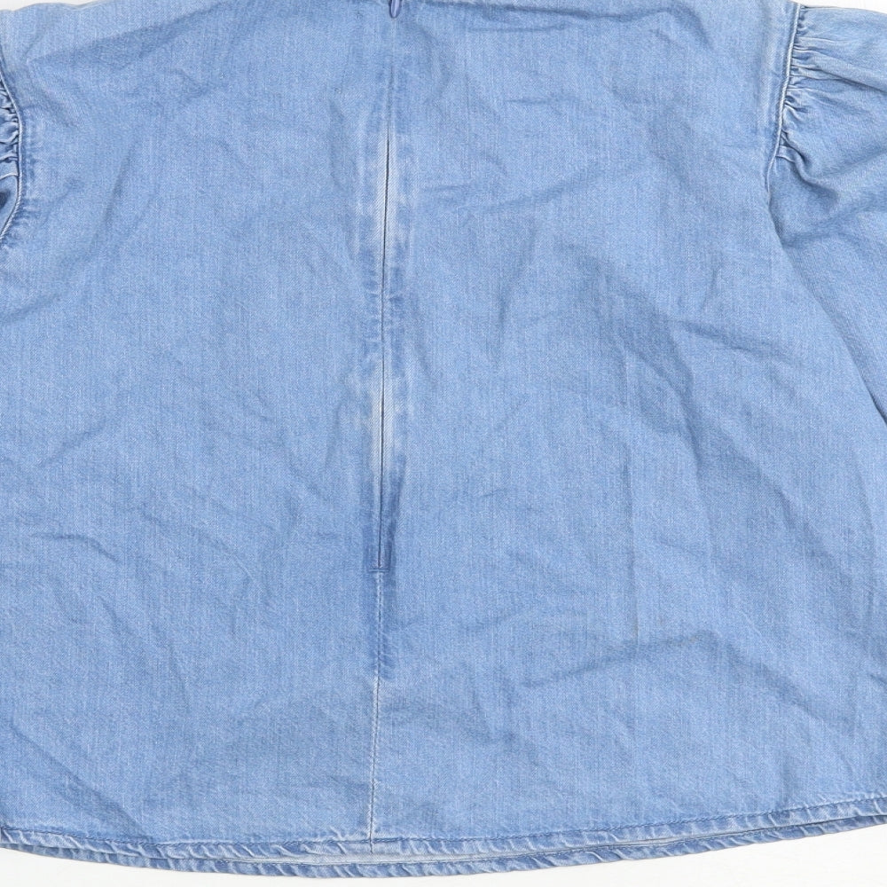 Brand and care label for Denim & Co. women’s blue 100% cotton basic blouse, size UK 8, high neck