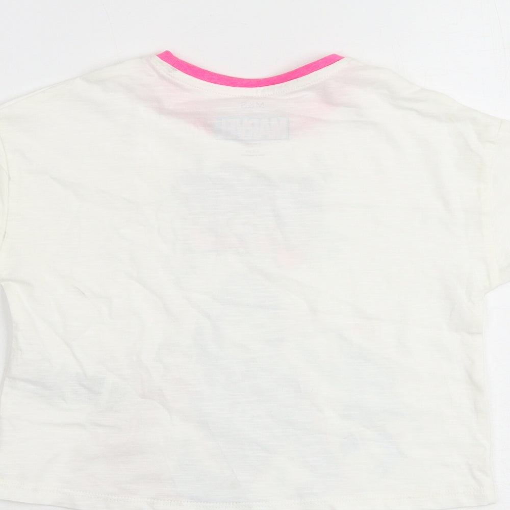 Brand and care label for Marks & Spencer girls’ white cotton basic t-shirt, size 2-3, years round neck pullover