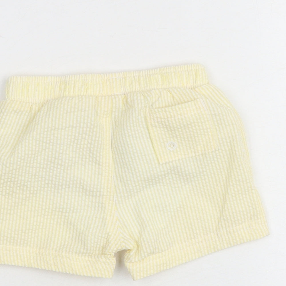 Brand and care label for Marks & Spencer Baby Yellow Striped Cotton Cropped Trousers, size 6-9, Months Drawstring - Shorts