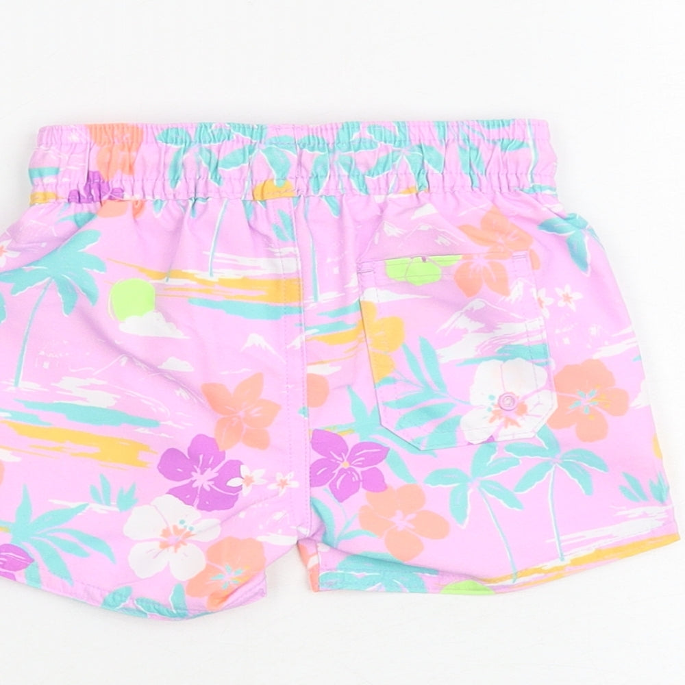 Brand and care label for Marks & Spencer Baby Purple Floral Polyester Cropped Trousers, size 3-6, Months Drawstring - Shorts