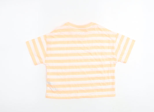 Marks and Spencer Girls Orange Striped Cotton Basic T-Shirt Size 7-8 Years Round Neck Pullover