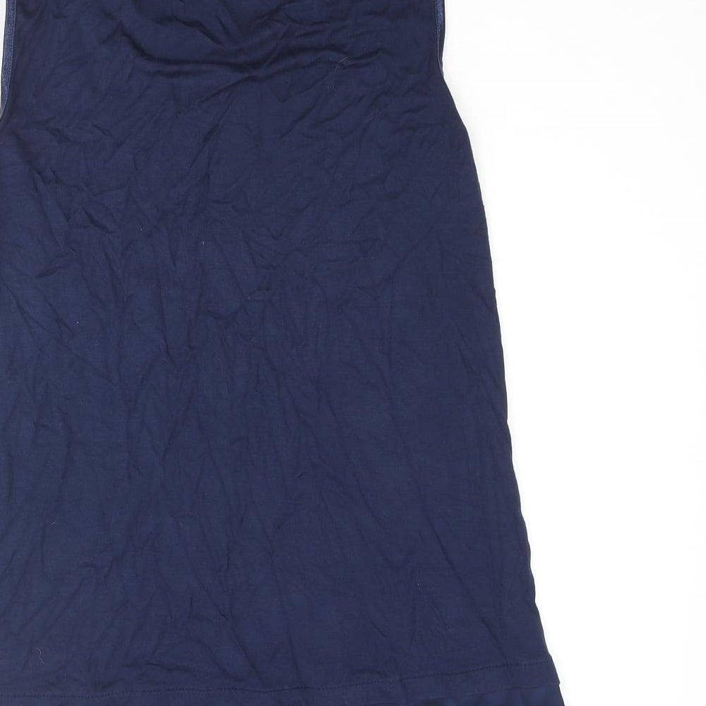 Brand and care label for ESPRIT women’s blue viscose camisole blouse, size M, round neck