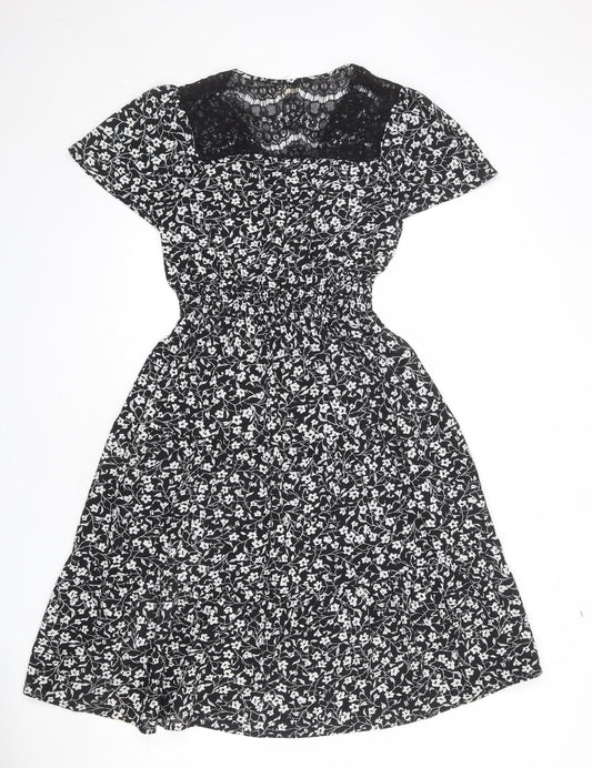 Monteau Womens Black Floral Polyester A-Line Size M V-Neck Pullover - Lace Detail