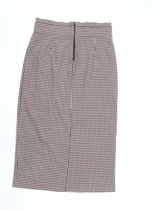 Zara Womens Pink Check Polyester Straight & Pencil Skirt Size L Zip - Slit