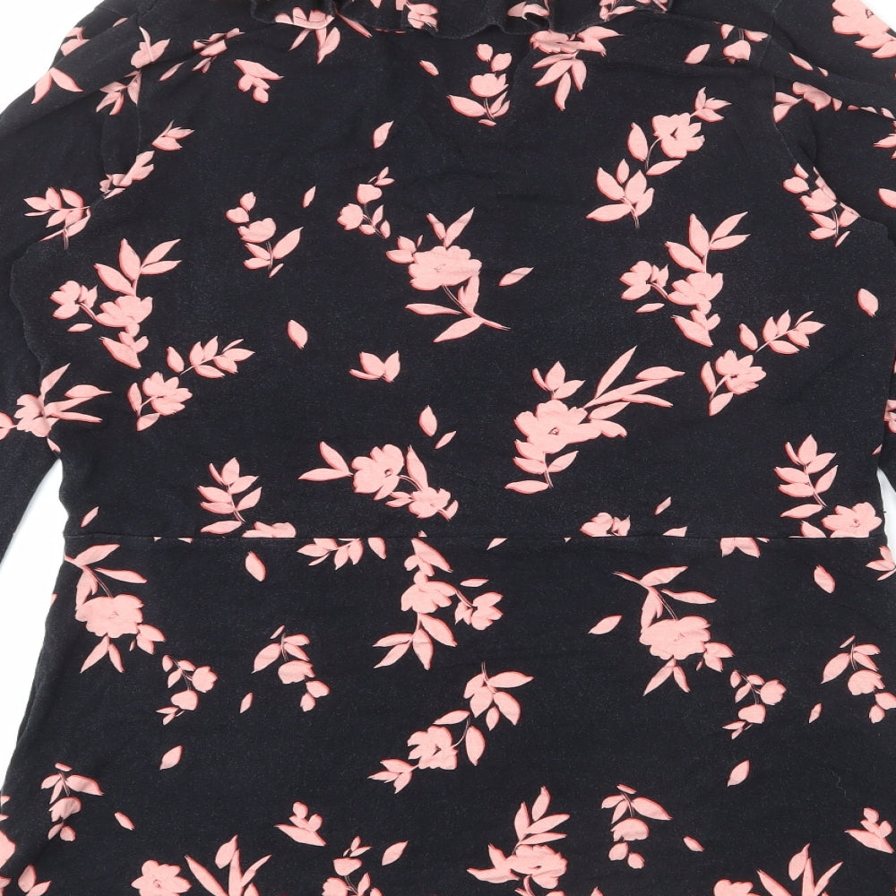 SOSANDAR Womens Black Floral Viscose Basic T-Shirt Size 16 V-Neck - Ruffle Detail