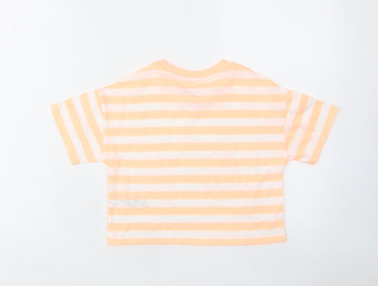 Marks and Spencer Girls Orange Striped Cotton Cropped T-Shirt Size 6-7 Years Crew Neck Pullover