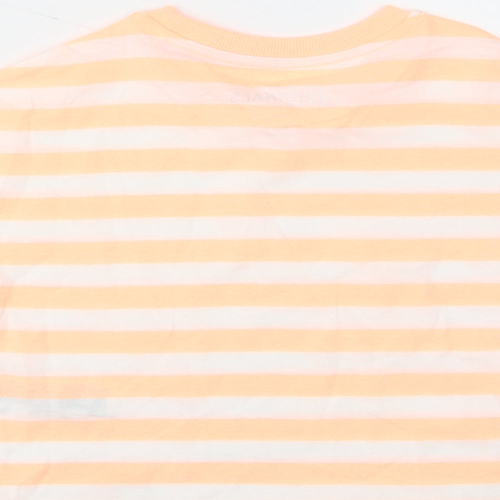 Brand and care label for Marks & Spencer girls’ orange striped cotton cropped t-shirt, size 6-7, years crew neck pullover