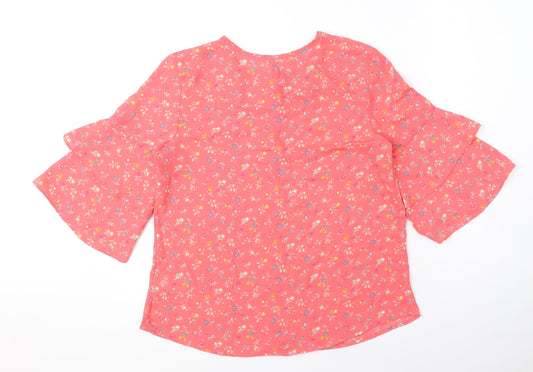 Gap Womens Pink Floral Polyester Basic Blouse Size S Round Neck - Ruffle Sleeves