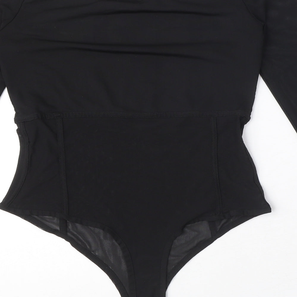Brand and care label for ASOS women’s black polyester bodysuit one-piece, size UK 10, snap - cut out detail
