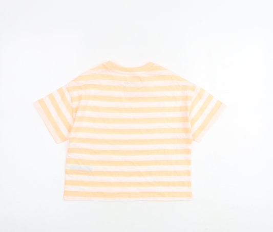 Marks and Spencer Girls Orange Striped Cotton Basic T-Shirt Size 7-8 Years Round Neck Pullover
