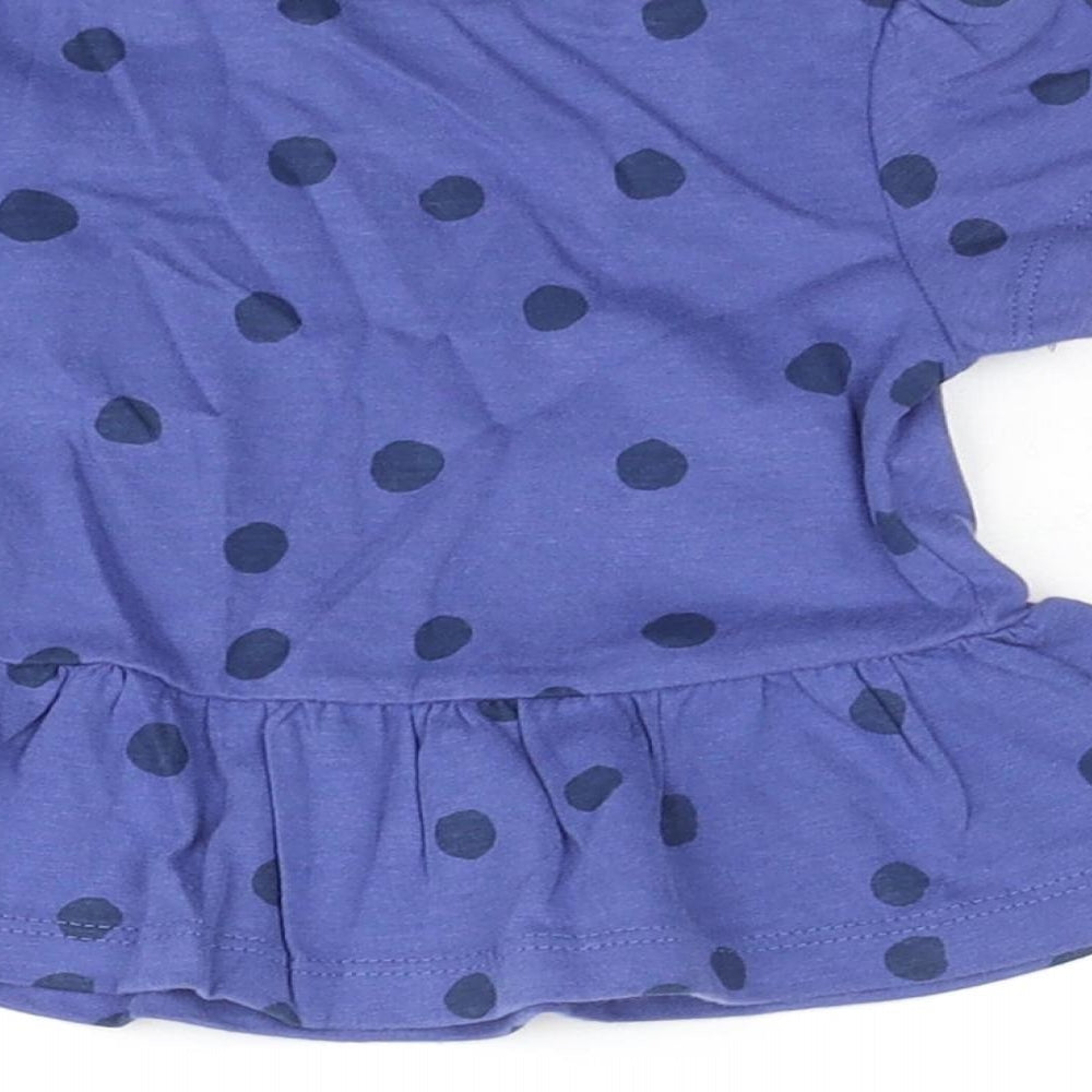 Brand and care label for Marks & Spencer girls’ blue polka dot cotton basic t-shirt, months round neck snap - peplum