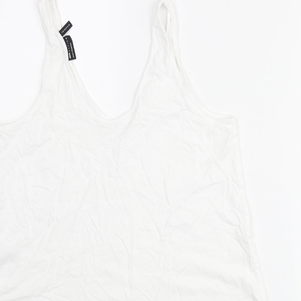 Brand and care label for ASOS women’s white cotton basic tank, size UK 10, scoop neck