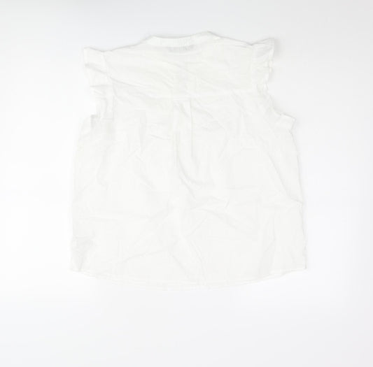 Dunnes Stores Womens White Cotton Basic Blouse Size M V-Neck - Floral Embroidery