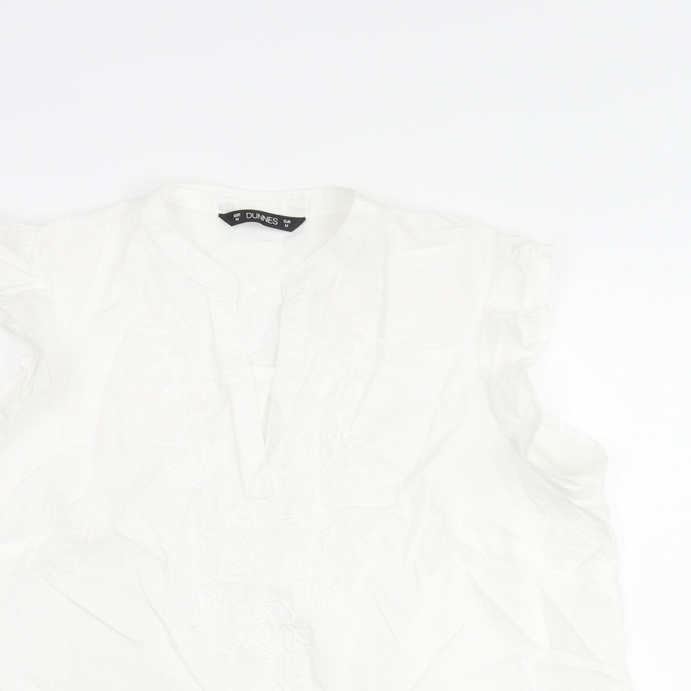 Dunnes Stores Womens White Cotton Basic Blouse Size M V-Neck - Floral Embroidery