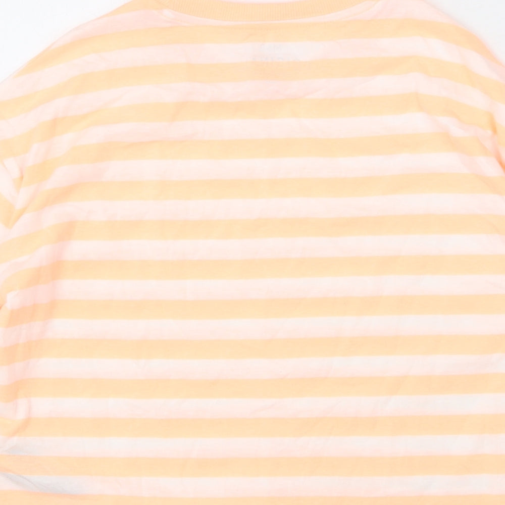 Brand and care label for Marks & Spencer girls’ orange striped cotton cropped t-shirt, size 10-11, years round neck pullover