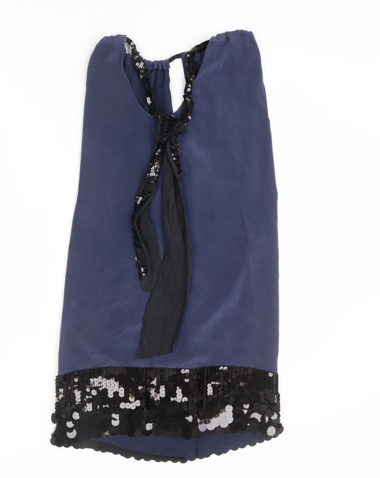Coast Womens Blue Silk Sheath Size 6 Round Neck Tie - Sequins, Keyhole Cut Out