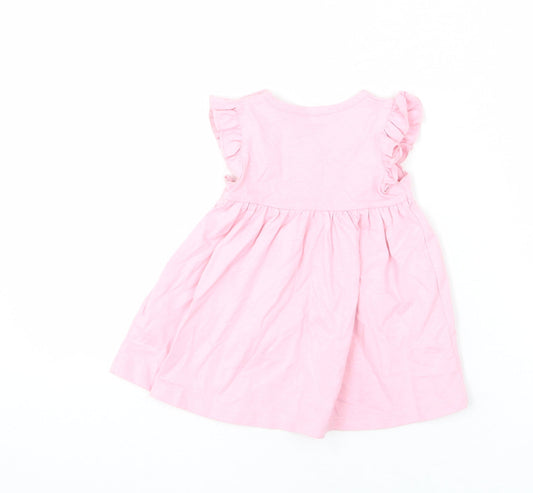 Marks and Spencer Girls Pink 100% Cotton A-Line Size 3-6 Months Round Neck Snap - Ruffle Detail, Happy, Flower