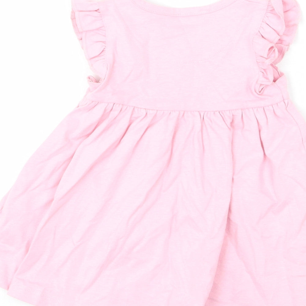 Brand and care label for Marks & Spencer girls’ pink 100% cotton a-line, months round neck snap - ruffle detail, happy
