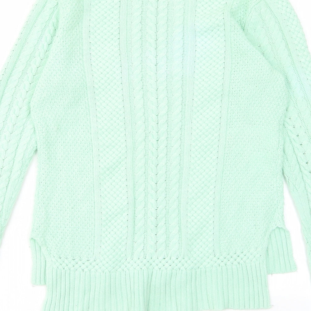 Brand and care label for BCBGMAXAZRIA women’s green crew neck cotton jumper, size S