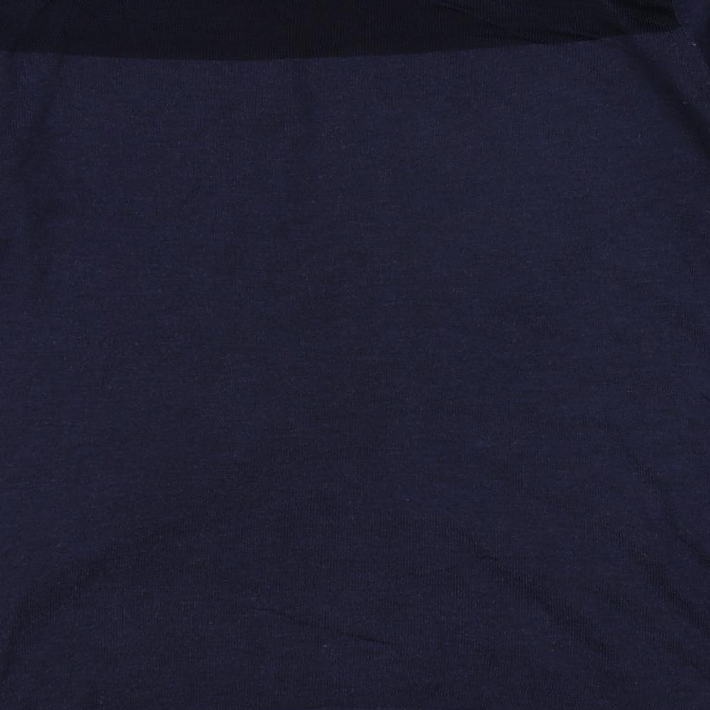 Brand and care label for ESPRIT women’s blue round neck polyester jumper, size M