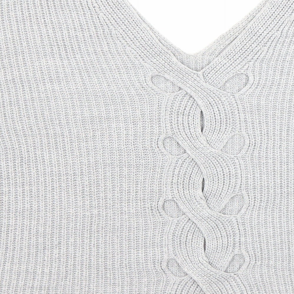 Brand and care label for Miss Selfridge women’s grey v-neck acrylic jumper, size UK 8