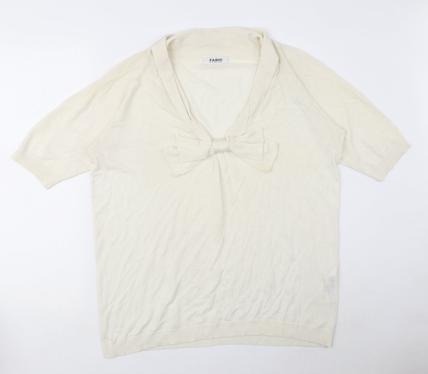 NICOLE FARHI Womens Ivory Viscose Basic Blouse Size M V-Neck - Bow Detail, Sheer