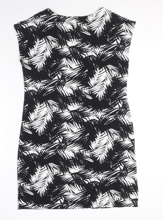 Wallis Womens Black Geometric Polyester A-Line Size M Round Neck Button - Leaf Pattern