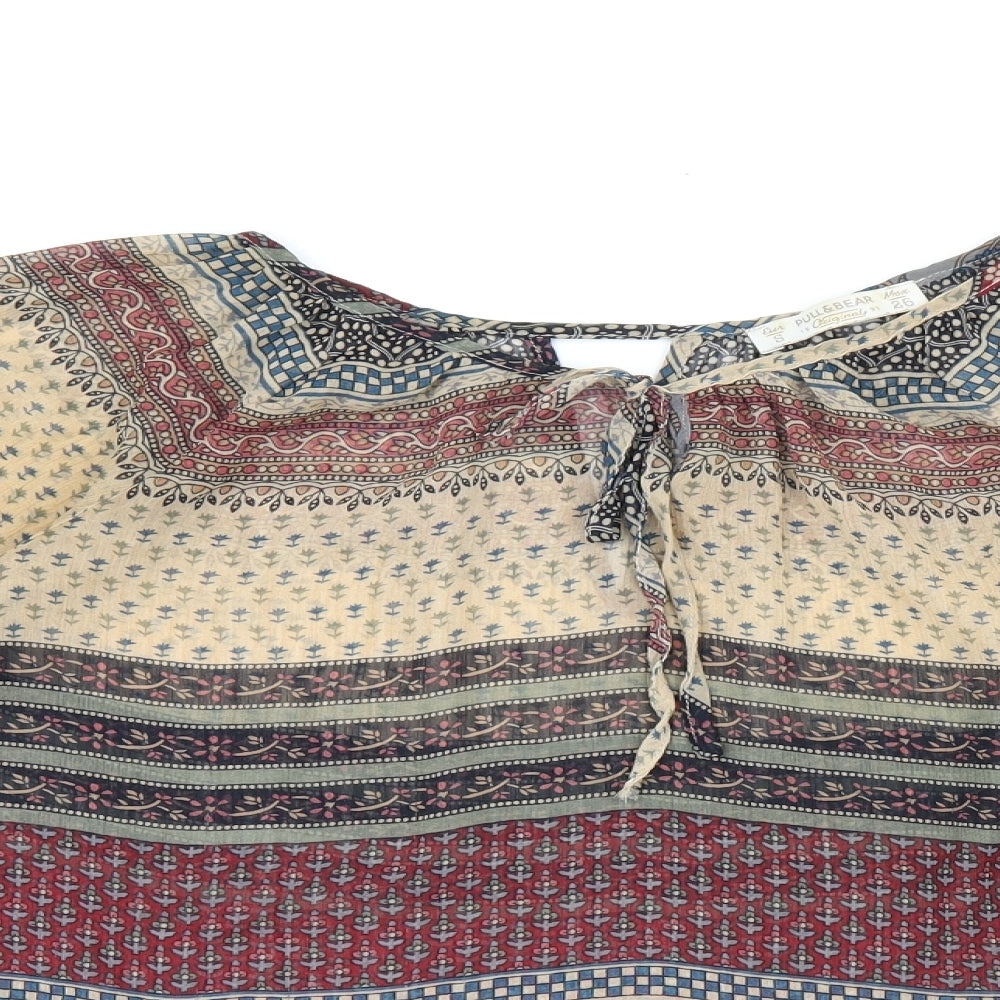Pull&Bear Womens Multicoloured Geometric Polyester Basic Blouse Size S Boat Neck - Sheer