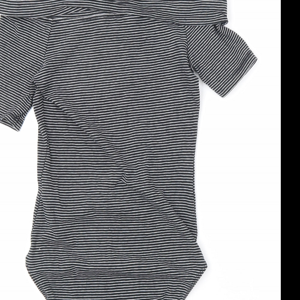 Brand and care label for Miss Selfridge women’s black striped cotton bodysuit one-piece, size UK 8, snap