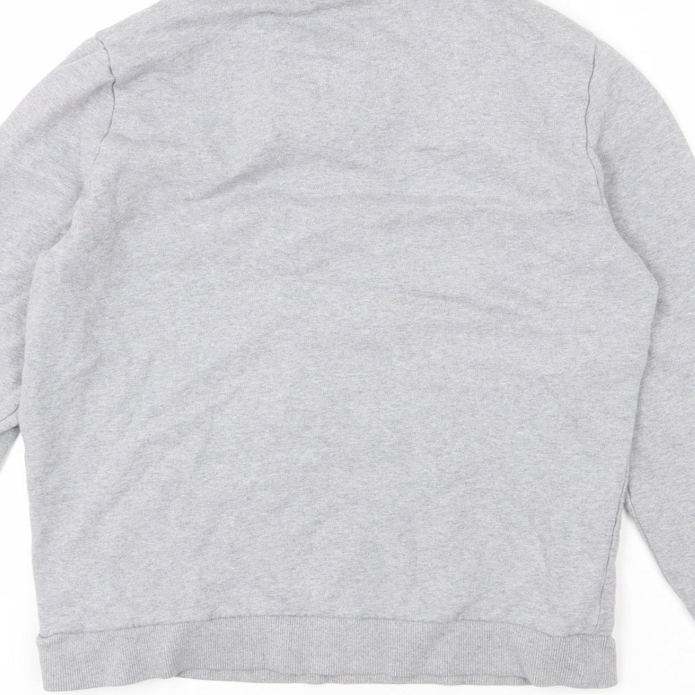 Brand and care label for ASOS women’s grey cotton pullover sweatshirt, size M, pullover