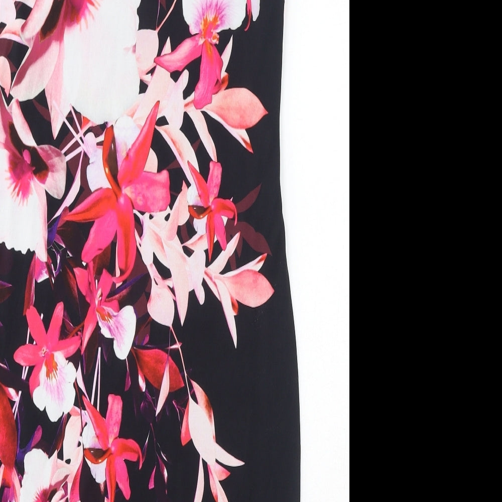 Brand and care label for Roman women’s black polyester sheath, size UK 12, boat neck pullover - flower graphic print