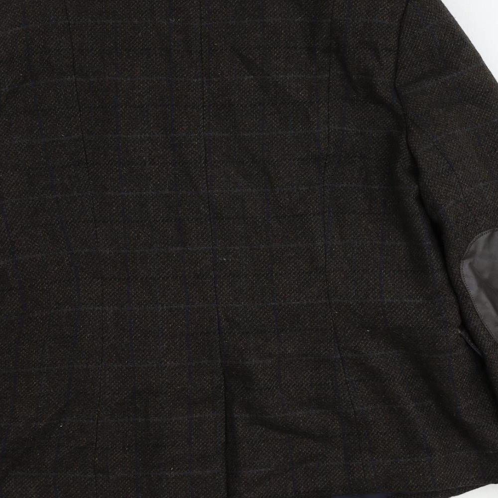 Brand and care label for Dunnes women’s brown plaid polyester jacket suit jacket, size UK 16