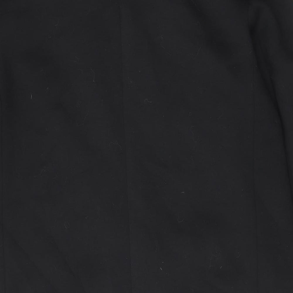 Brand and care label for ASOS women’s black overcoat coat, size UK 18, button - pockets