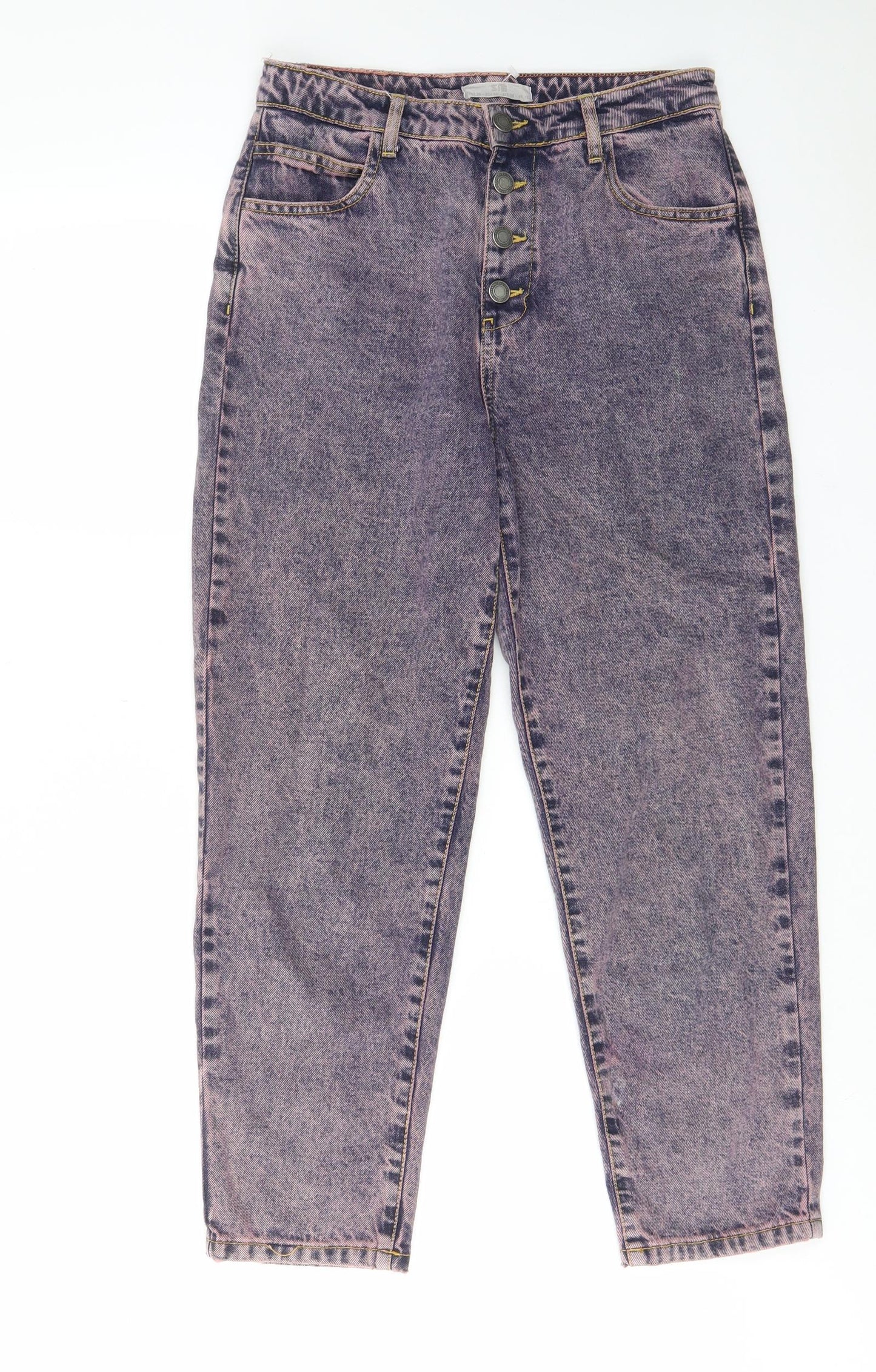 Stradivarius Womens Blue Cotton Straight Jeans Size 10 L25 in Regular Button - Pink acid wash, Pockets