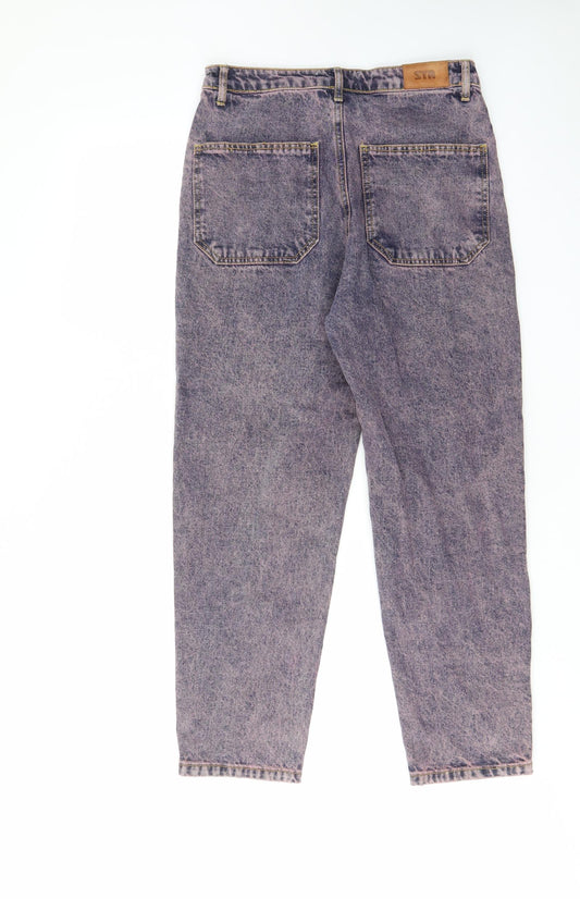 Stradivarius Womens Blue Cotton Straight Jeans Size 10 L25 in Regular Button - Pink acid wash, Pockets