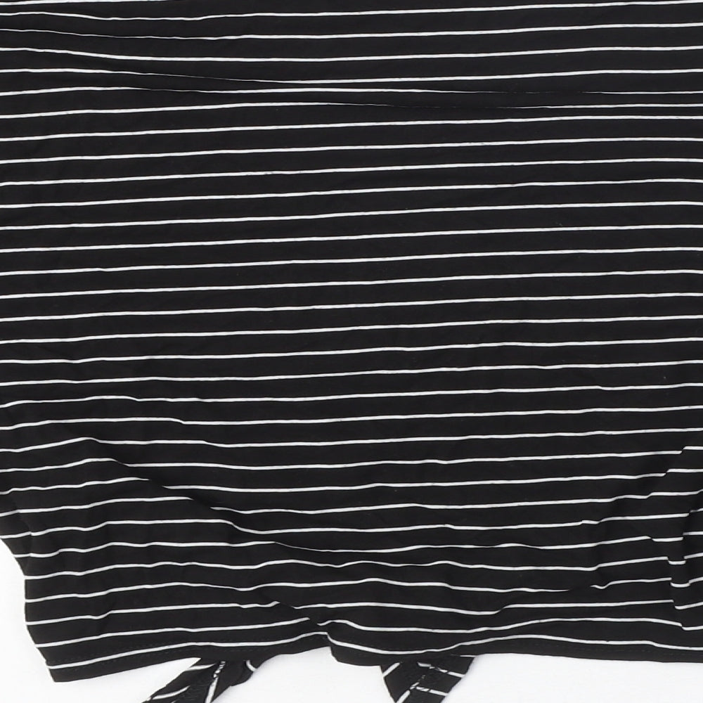 Brand and care label for I SAW IT FIRST women’s black striped viscose basic t-shirt, size S, round neck - bow detail
