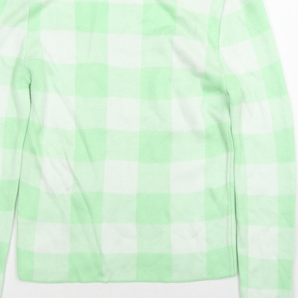 Brand and care label for ASOS women’s green square neck check acrylic jumper, size UK 8