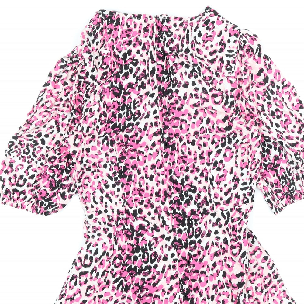 Marks and Spencer Womens Pink Animal Print Viscose Basic Blouse Size 6 Round Neck - Leopard Print