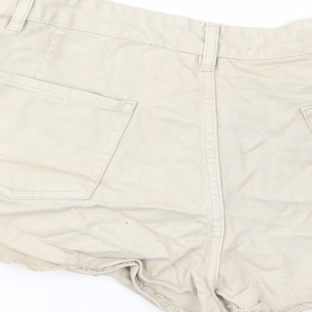 Brand and care label for Denim & Supply women’s beige cotton hot pants shorts, size UK 12 regular zip - pockets, belt loops