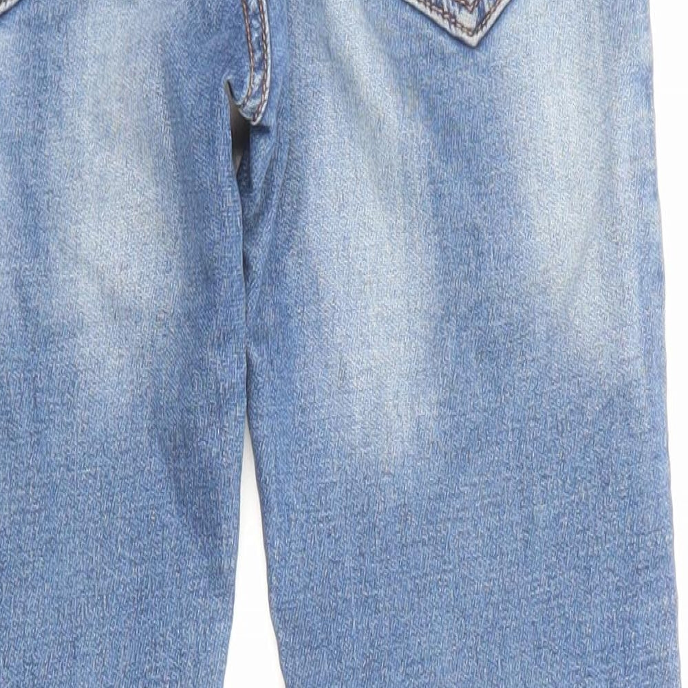 Brand and care label for Next boys’ blue copper straight jeans, size 9, months, 23-inch leg regular drawstring