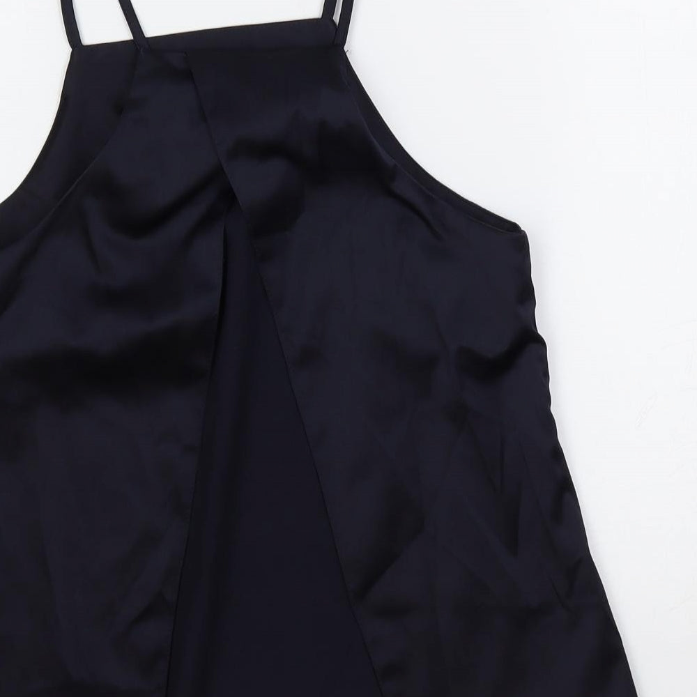 Brand and care label for ASOS women’s blue polyester camisole tank, size UK 6, square neck - open back