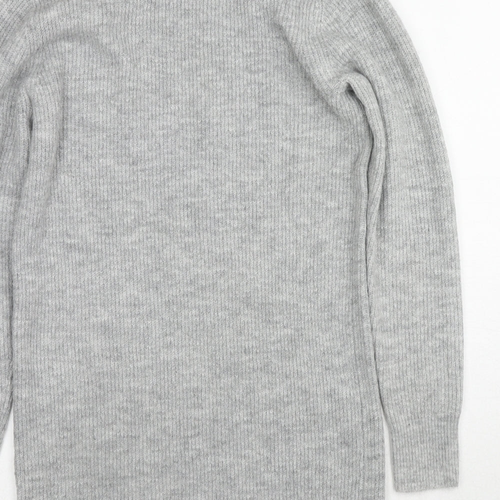 Brand and care label for Miss Selfridge women’s grey roll neck acrylic tunic jumper, size XS
