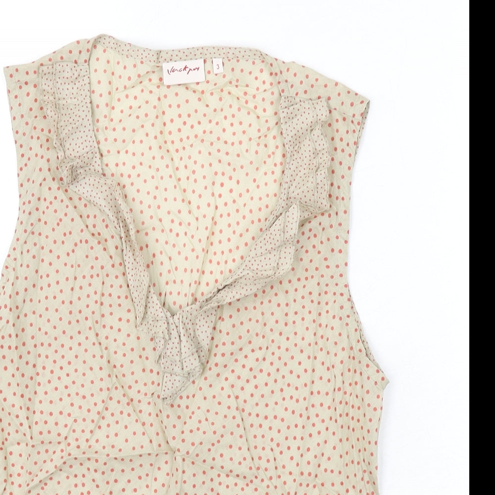 Jackpot Womens Beige Polka Dot Cotton Basic Tank Size M V-Neck - Ruffle Detail