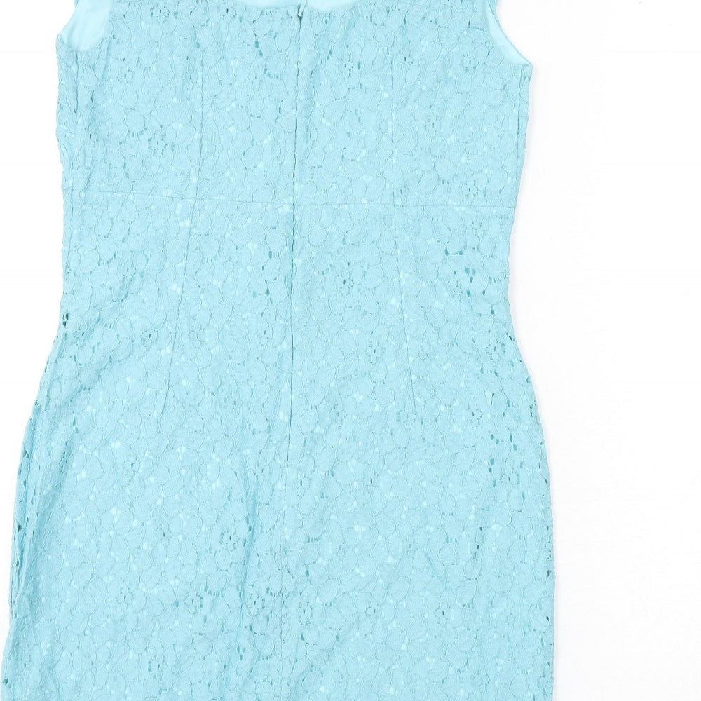 Warehouse Womens Blue Floral Cotton Pencil Dress Size 14 Round Neck Button - Lace Overlay