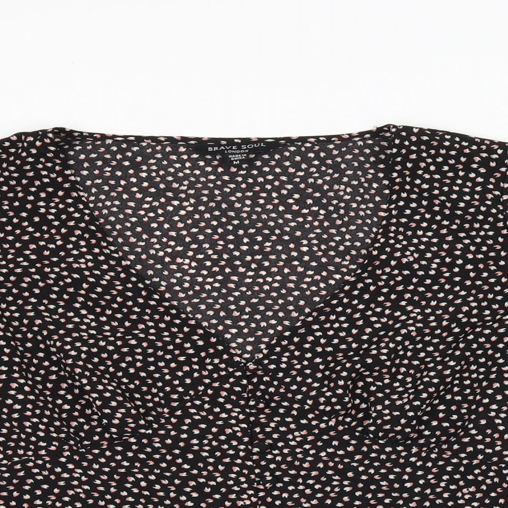 Brave Soul Womens Black Geometric Polyester Basic Button-Up Size M V-Neck