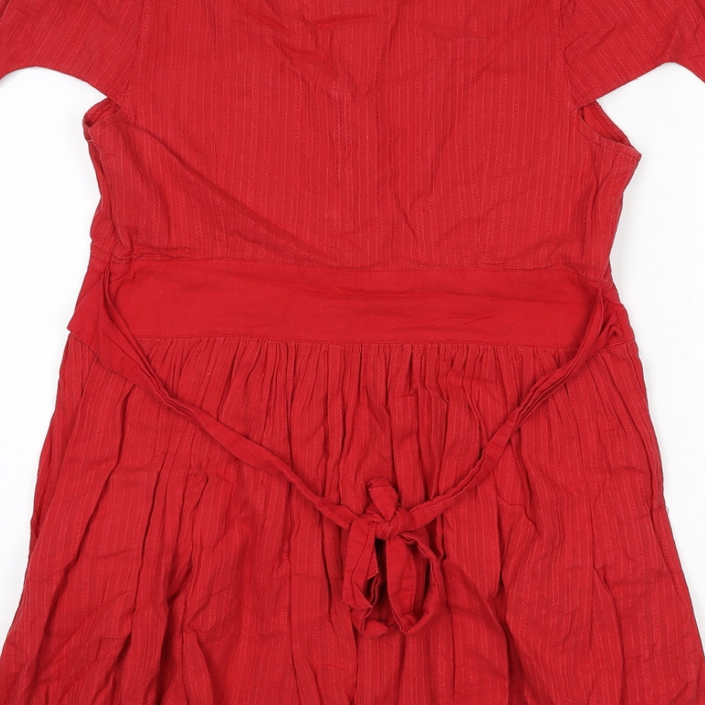 Brand and care label for Miss Selfridge women’s red striped cotton a-line, size UK 12, round neck zip - tie detail