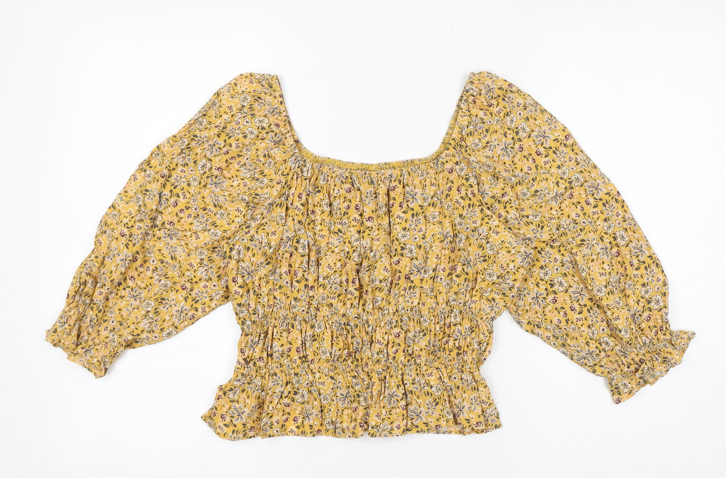 Nobody's Child Womens Yellow Floral Viscose Cropped Blouse Size 12 Square Neck - Shirred Details