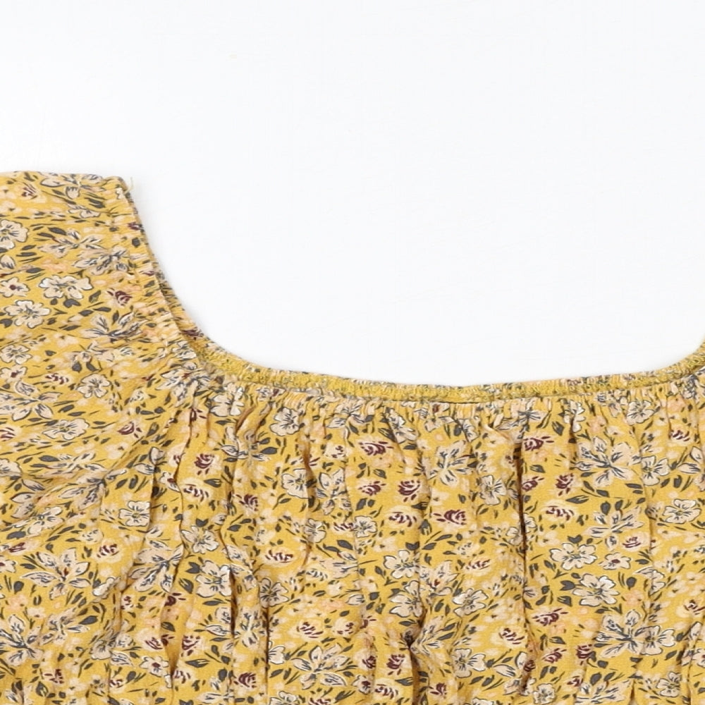 Nobody's Child Womens Yellow Floral Viscose Cropped Blouse Size 12 Square Neck - Shirred Details