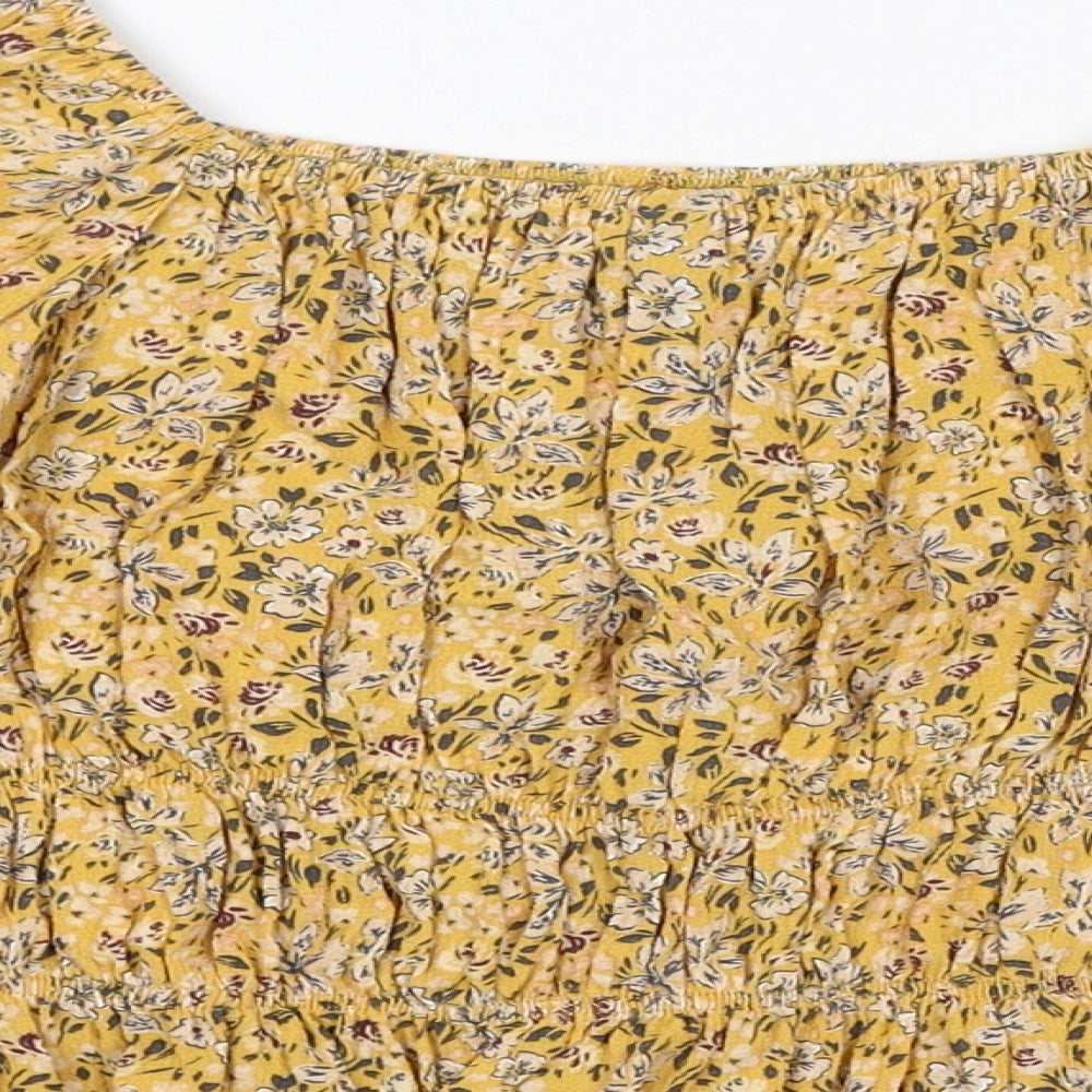 Nobody's Child Womens Yellow Floral Viscose Cropped Blouse Size 12 Square Neck - Shirred Details