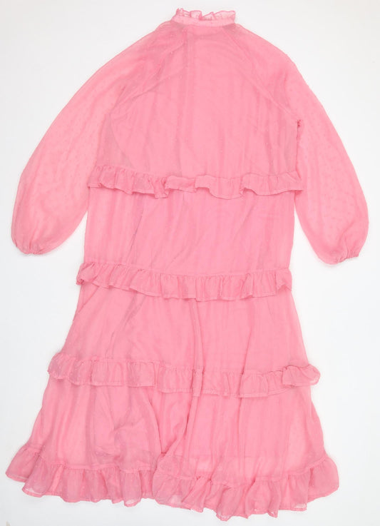 VILA Womens Pink Polyester Maxi Size 10 V-Neck Pullover - Ruffles